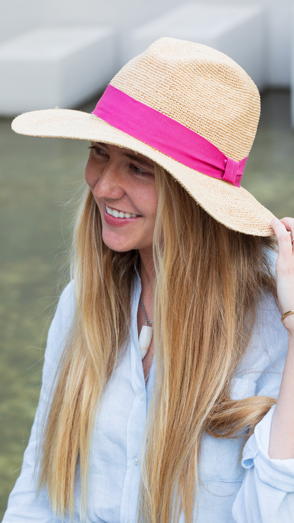 Sombrero raffia beige con rosado