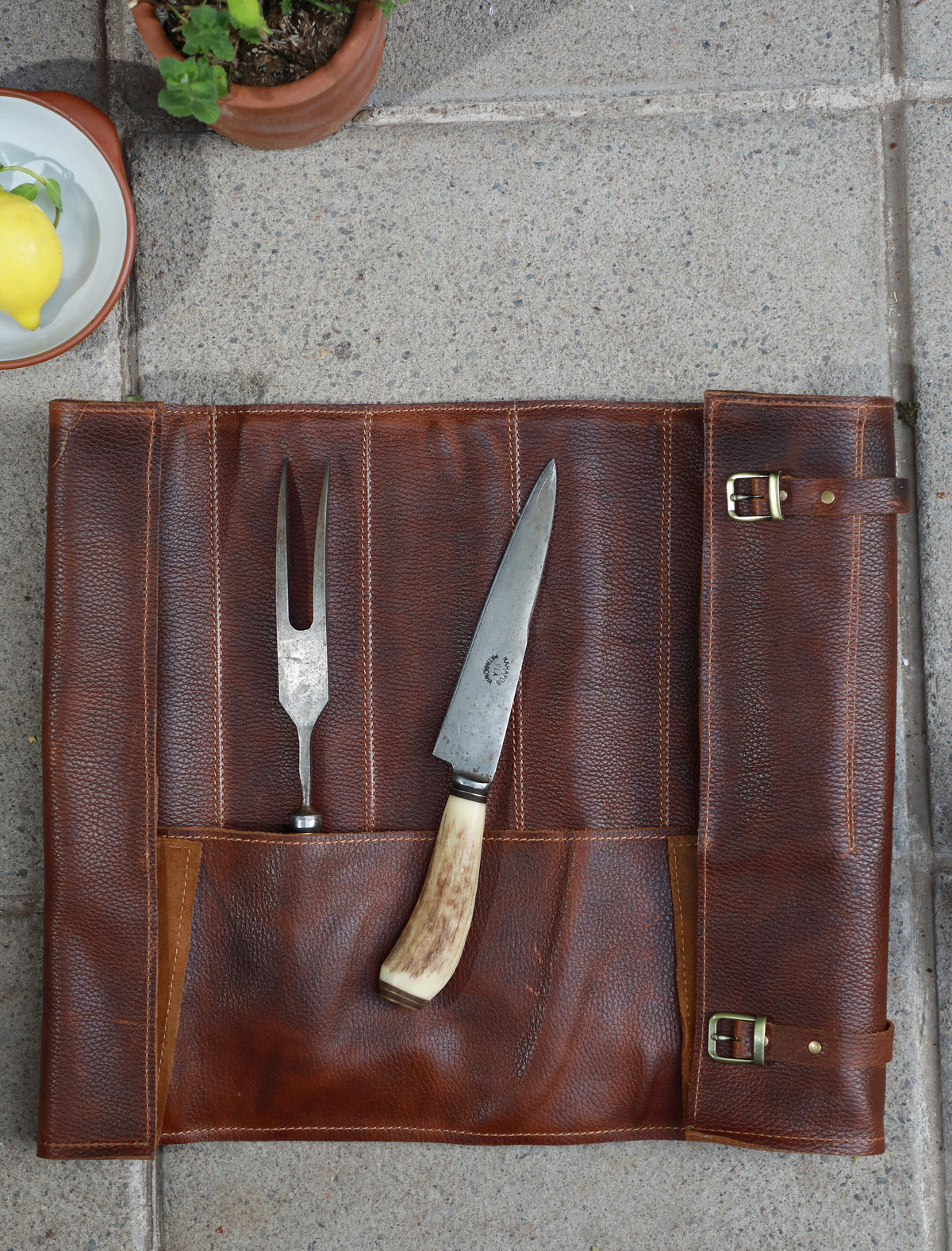 Porta Cuchillo de 8 Compartimientos de Cuero Café