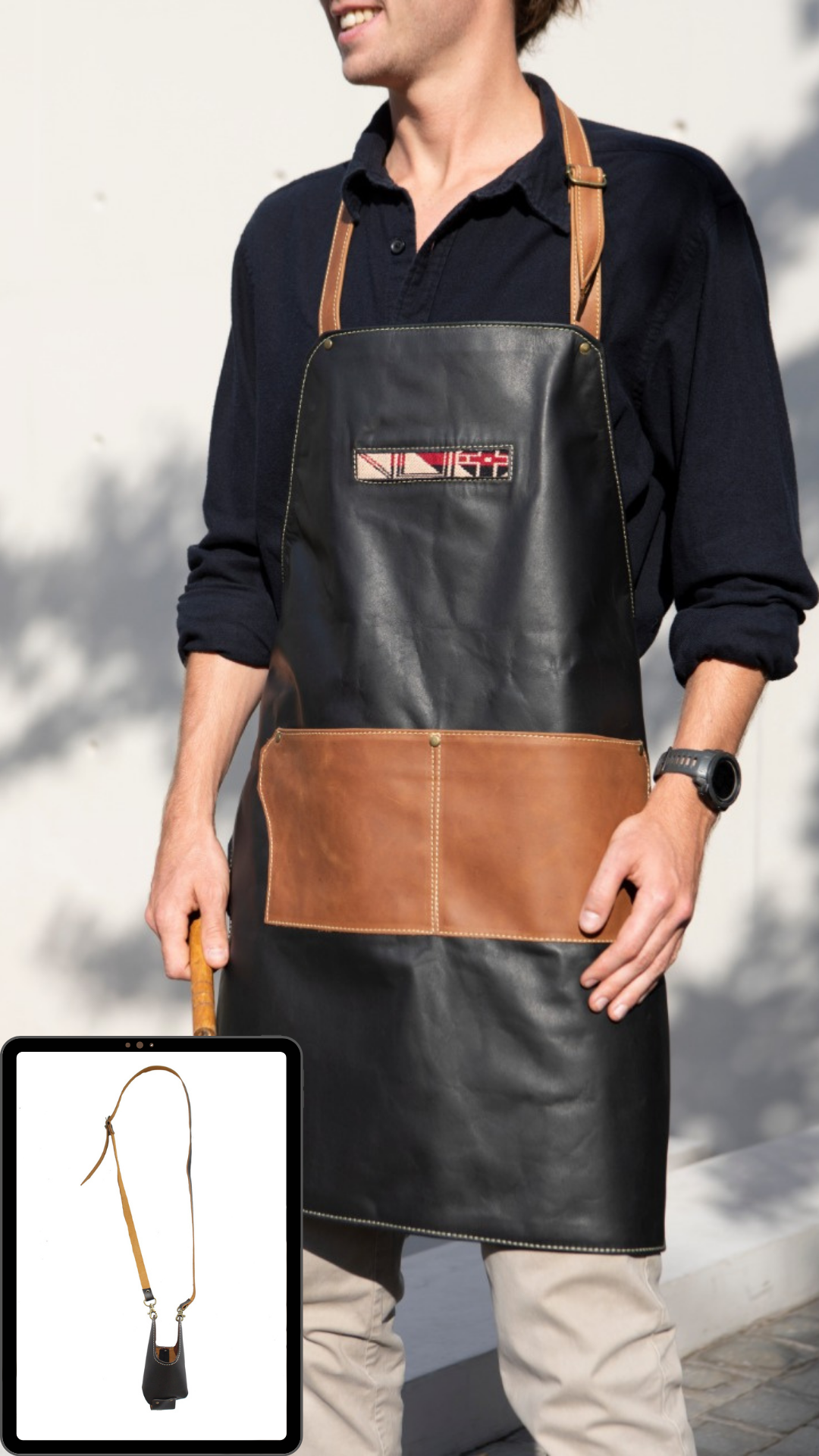 Pack Delantal de cuero negro con café más Porta Vaso,  Cerveza o Copa